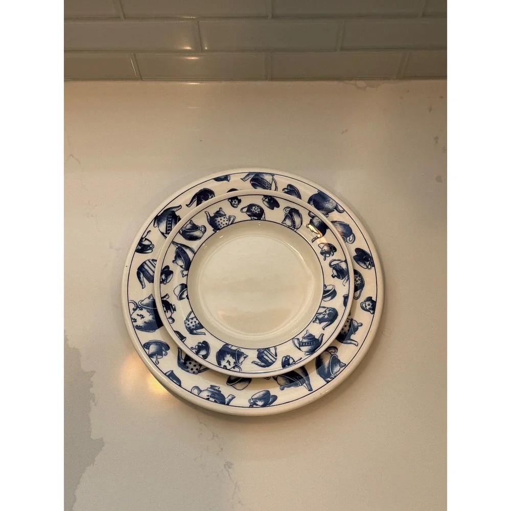 Pier 1 Imports Teapot Blue White Dinner Salad Plate Set England Earthenware